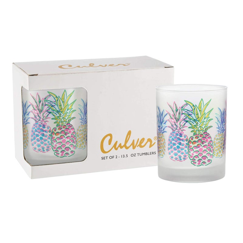 Culver Tropical Decorated Frosted Double Old Fashioned Tumbler Glasses, 13.5-Ounce, Gift Boxed Set of 2 (Pop Art Pineapples) - Image 1